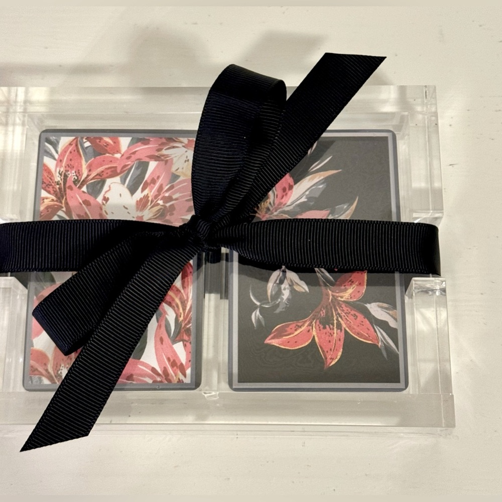 Set of 2 decks of floral playing cards in a sealed gift box with a lucite holder